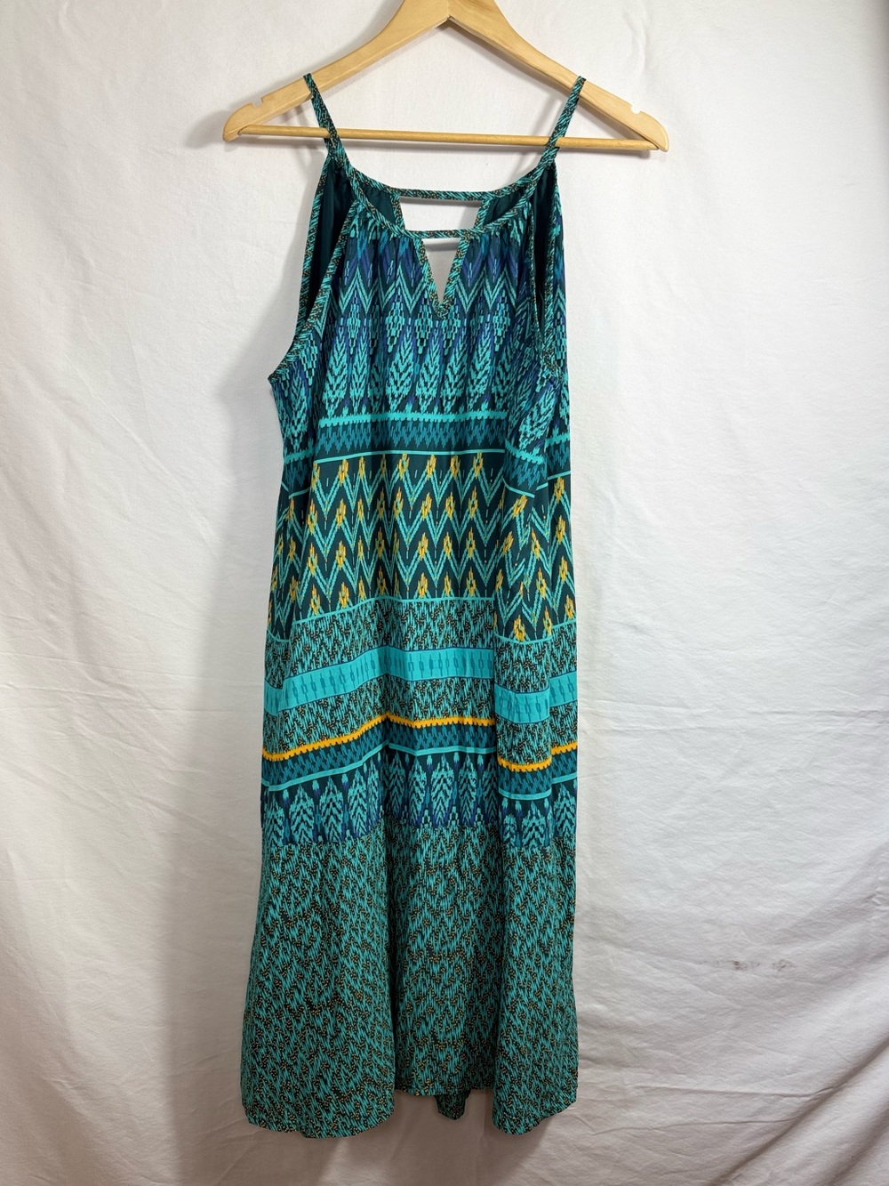 prAna Nari Midi Dress in a vibrant green and blue geometric/tribal pattern - Picture 4 of 6